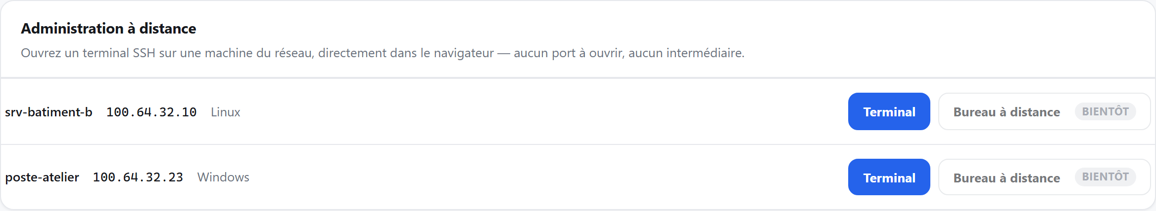 Onglet Administration de la console : la liste des machines en ligne, chacune avec un bouton Terminal et un bouton Bureau à distance.