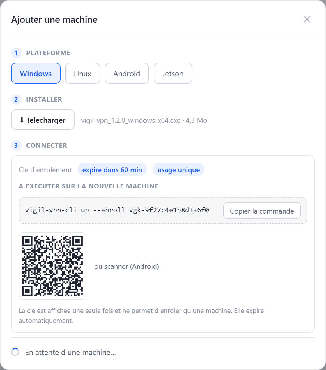 Assistant « Ajouter une machine » de la console : choix de la plateforme, clé d’enrôlement à usage unique et commande prête à copier.